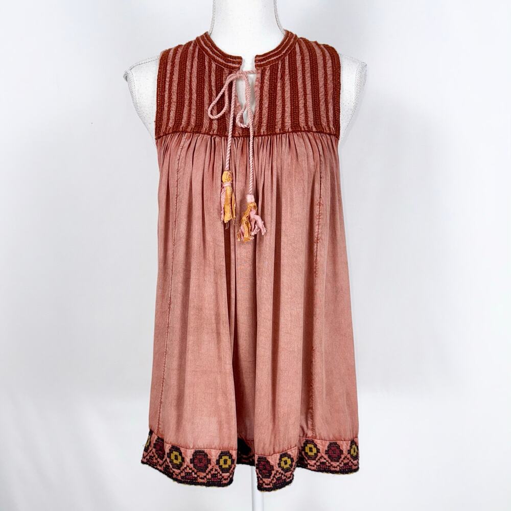 Rachel Zoe Women's Embroidered Washed Boho Tunic Top Small Orange Red Rust